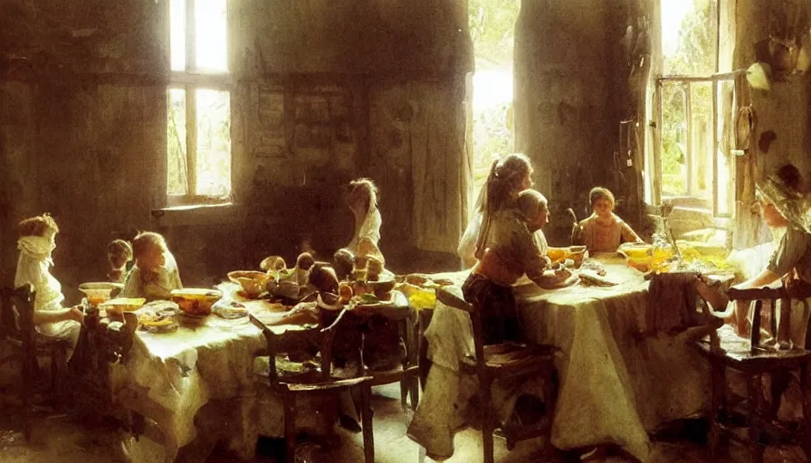 Image similar to simple villager family about to eat a meal together in their beautiful simple cottage home, art by anders zorn, wonderful masterpiece by greg rutkowski, beautiful cinematic light, american romanticism thomas lawrence, greg rutkowski