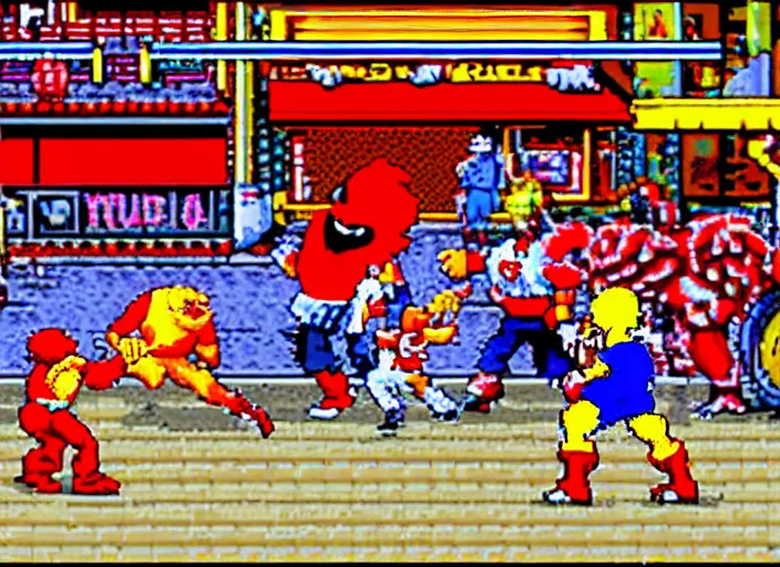 Image similar to screenshot of ronald mcdonald, white face, red afro, red nose and yellow outfit as an enemy in streets of rage video game, sega genesis video game