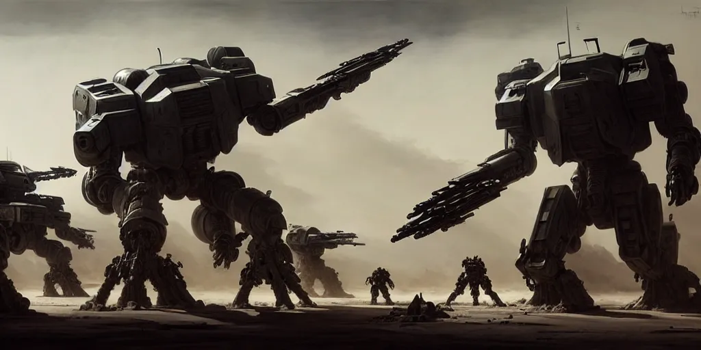 Image similar to hyper realistic sci - fi matte concept art painting of epic cinematic battle between a variety of mechwarriors and soldiers fighting on mars, guns, missiles, explosions, beautiful details, strong composition painted by kim jung guweta studio rutkowski, james gurney and greg rutkowski, and lucasfilm, smooth, intricate, detailed, sharp focus, cinematic