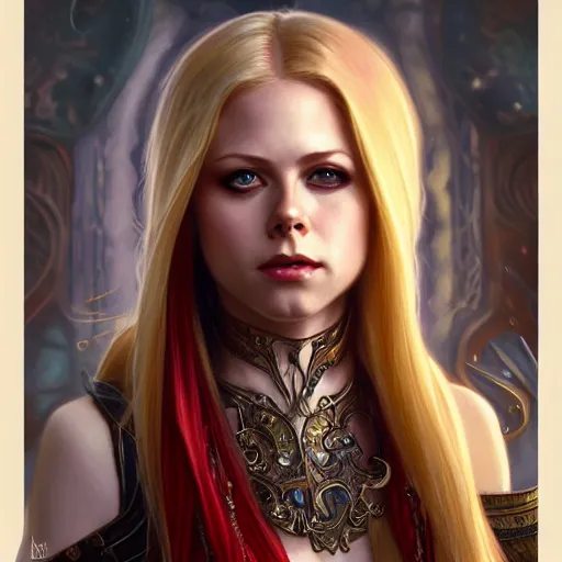 Image similar to Avril Lavigne as a Blood Elf, western, D&D, fantasy, intricate, elegant, highly detailed, digital painting, artstation, concept art, matte, sharp focus, illustration, art by Artgerm and Greg Rutkowski and Alphonse Mucha