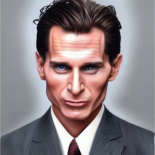 Image similar to Caricature portraits done of Patrick Bateman, realistic, hyperrealistic, very realistic, highly detailed, very detailed, extremely detailed, detailed, oil painting, digital art, trending on artstation