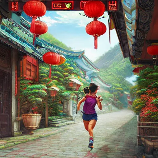 Prompt: portrait of a woman running in jiufen taiwan, an oil painting by ross tran and thomas kincade, studio ghibli