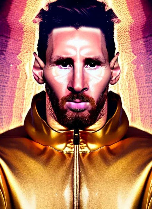 Image similar to a gorgeous lionel messi photo, professionally retouched, soft lighting, wearing shiny gold catsuit, illuminated by floating, glowing alien symbols, realistic, smooth face, perfect eyes, wide angle, sharp focus on eyes, 8 k high definition, insanely detailed, intricate, elegant, art by artgerm and wlop