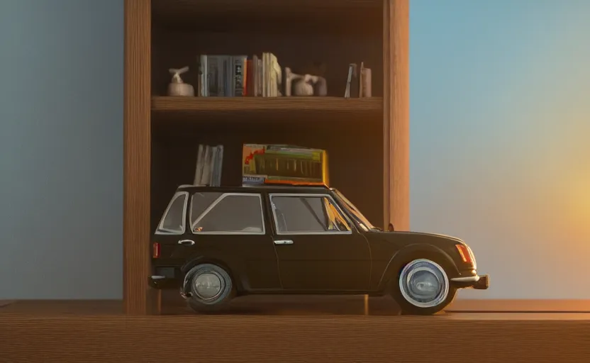 Prompt: a miniature of a Peugeot 309 Vital on a bookshelf near a window at sunset, DOF, octane render, unreal engine 5, godrays, complementary colors, calm, symmetrical, highly detailed, high quality, 4k, beautiful, hyperrealistic