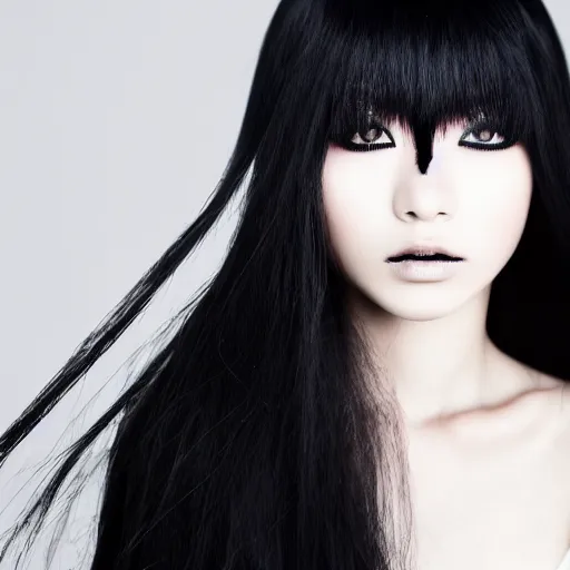 Prompt: professional photograph of female japanese model in emo makeup, long hair, fringe