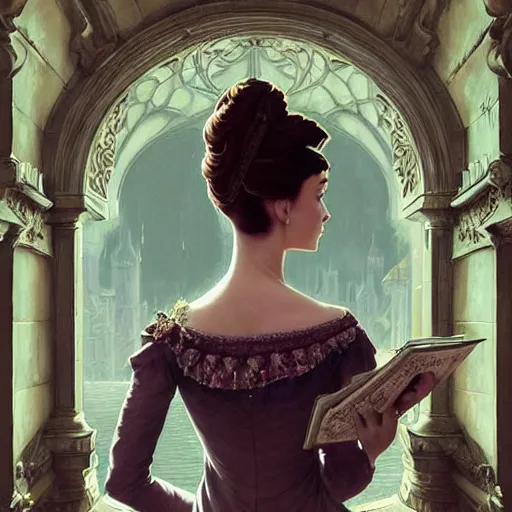 Image similar to audrey hepburn in an epic victorian novel, inside an ornate castle, intricate, elegant, highly detailed, digital painting, artstation, matte, illustration, art by artgerm, greg rutkowski, loish, rhads, ferdinand knab, makoto shinkai, lois van baarle, ilya kuvshinov, rossdraws, tom bagshaw