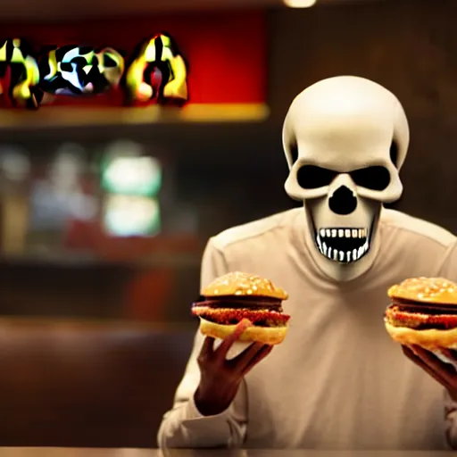 Prompt: photograph of a man with a skull reaper head begging for food at mc donalds, 8k resolution, high detail, ULTRA REALISTIC VFX, reflections