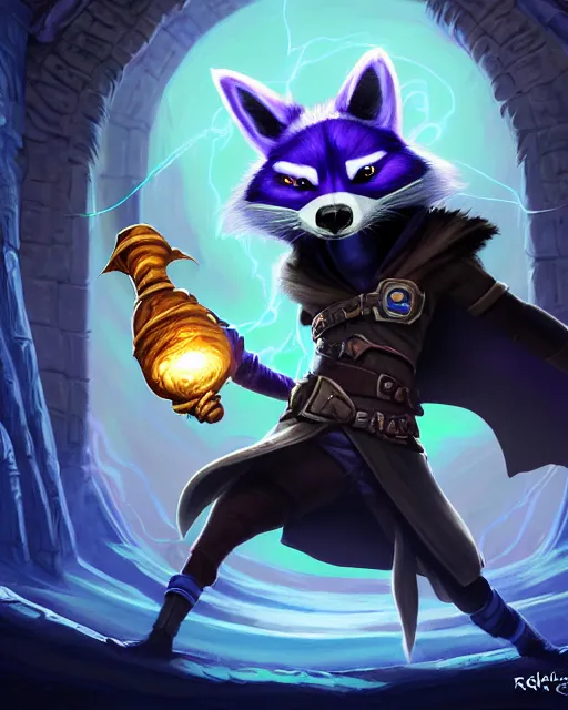 Image similar to closeup, highly detailed digital illustration portrait of hooded sorcerer druid necromancer sly cooper rocket the raccoon casting a magical energy sparkling swirling blue glowing spell in an ancient castle, action pose, d & d, magic the gathering, by rhads, frank frazetta, lois van baarle, jean - baptiste monge, disney, pixar,