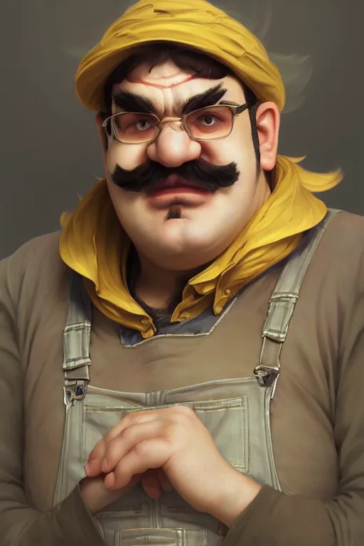 Prompt: portrait of Wario from WarioWare, dreamy and ethereal, overalls, chaotic, elegant, highly detailed, digital painting, artstation, concept art, smooth, sharp focus, illustration, art by artgerm and greg rutkowski and alphonse mucha