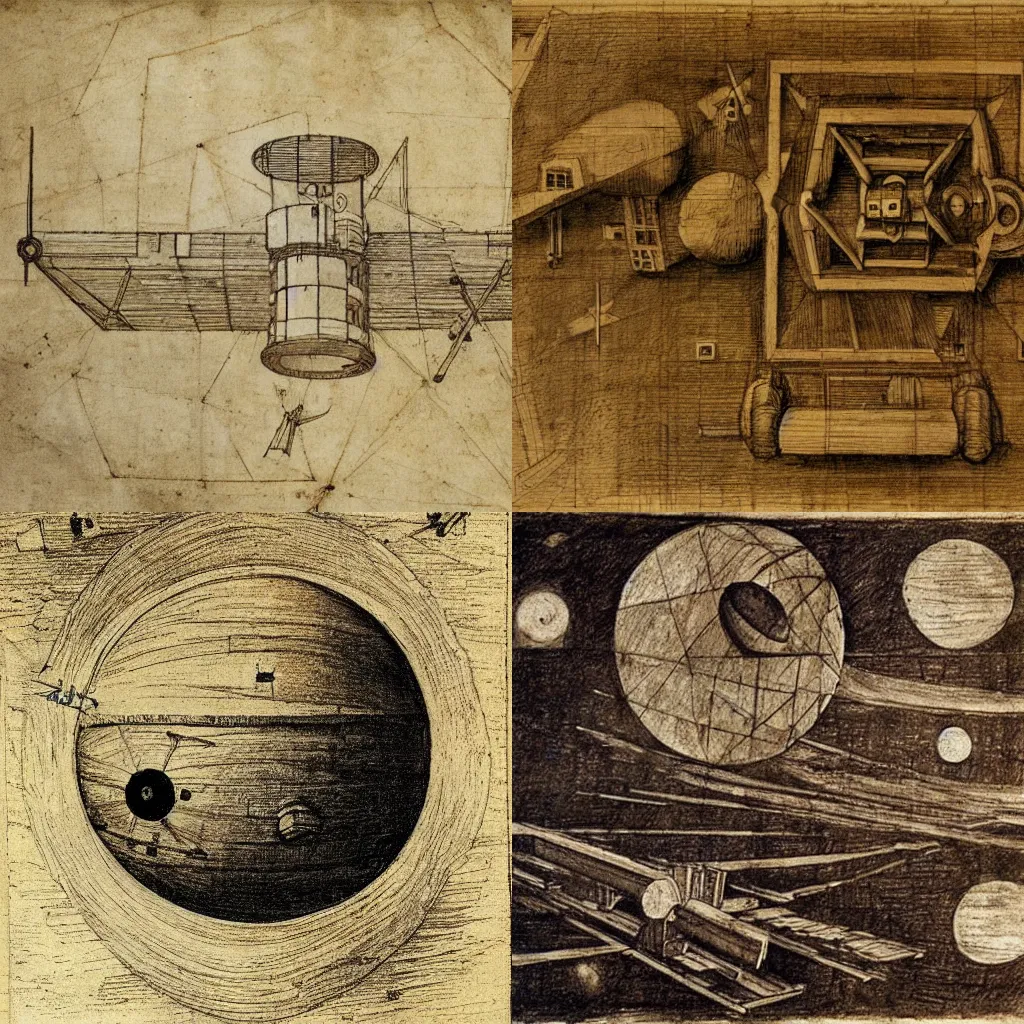 Prompt: sketch of a wooden space station by Leonardo da Vinci