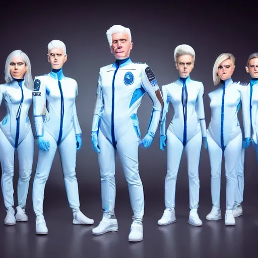 Image similar to troop of identical athletic humans with white hair wearing tight light blue latex suits, in formation, futuristic chemistry lab, sci - fi, highly detailed, hyperrealistic