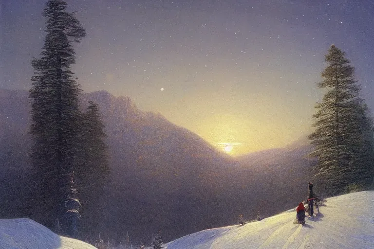 Image similar to mountains, trees, beautiful nature, winter, night, stars, snow, very detailed, focused, oil painting, colorful, canvas, artstation, Sydney Mortimer Laurence, Albert Bierstadt, Theodor Kittelsen, Hans Dahl