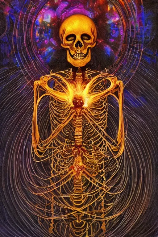 Image similar to psychedelic skeleton with trinket necklace, looking upward, epic angle and pose, reflective pool, symmetrical artwork, ayahuasca, translucent, fungus, energy flows of water and fire, highly detailed, epic cinematic concept art, excellent composition, dystopian brutalist atmosphere, dynamic dramatic lighting, aesthetic, very inspirational, arthouse, Greg Rutkowski, Artgerm