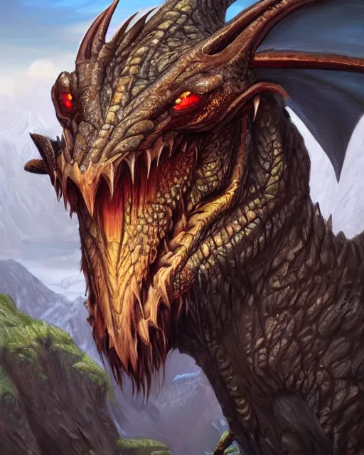 Image similar to ''face portrait of a handsome dragon, fantasy, mountain landscape, d & d, digital painting, artstation, deviantart, concept art, illustration, art by dragolisco and anne stokes and nico niemi''