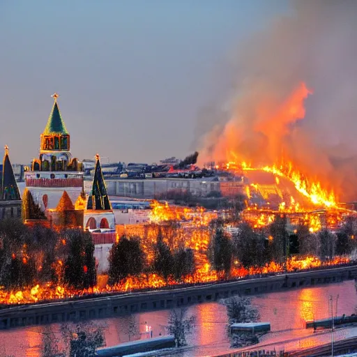 Image similar to high quality photo of fire on Kremlin, highly detailed, 8k, professional