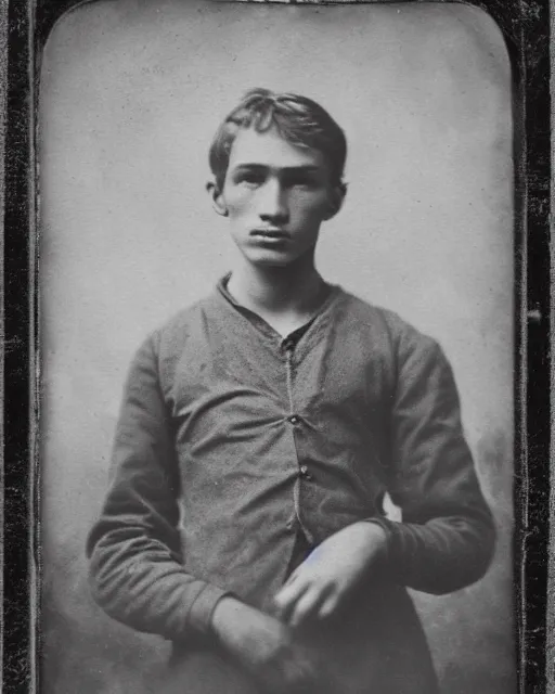 Image similar to tintype photo of alyosha karamazov, innocent young russian man, by julia margaret cameron 1 8 8 0 s, realistic, body shot, sharp focus, 8 k high definition, insanely detailed, intricate, elegant