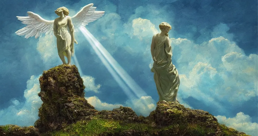 Prompt: angelic statue on a cliff in the cumulus clouds made of bluish green crystal, vibrant colors, Vija Celmins, wide angle, volumetric light god rays, concept art, dramatic brushstrokes