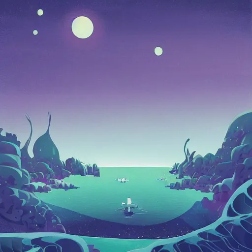 Image similar to sea under starry sky with reefs, collage, light purple tones, animated film, layers visible, stylised, illustration, fantasy art, 2 d game art, by eyvind earle, scott wills, genndy tartakovski, roman shipunov, etienne hebinger, atey ghailan, cgsociety, cynical realism