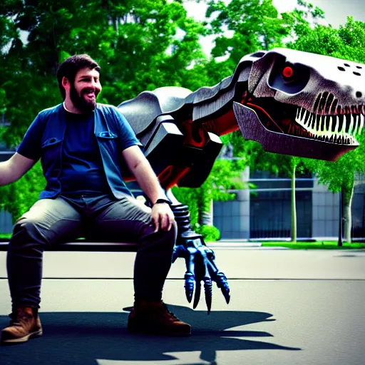 Image similar to a man sitting on a bench having fun controlling a t - rex mecha costume, photorealistic 3 d octane render, unreal engine