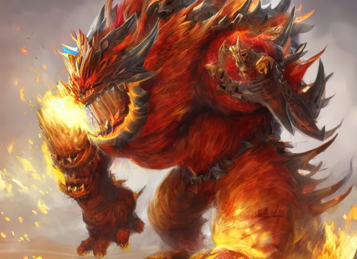 Image similar to detailed concept art of a huge giant fire bowser by cheng yi and luolin, aartstation, artstationhd, detailed scales, spiky and red hair tuft green scales. bowser, bowser nintendo, koopa, ~ bowser # bowser ( ( mario ) ) bcy. net, realistic. cheng yi, fire breathing. bowser