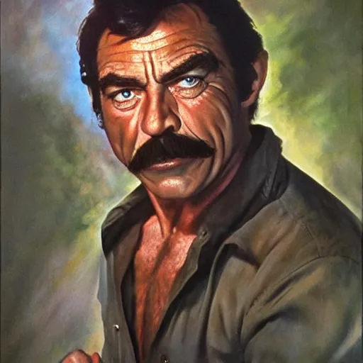 Image similar to ultra realistic portrait painting of tom selleck as gollum, art by frank frazetta, 4 k, ultra realistic, highly detailed, epic lighting