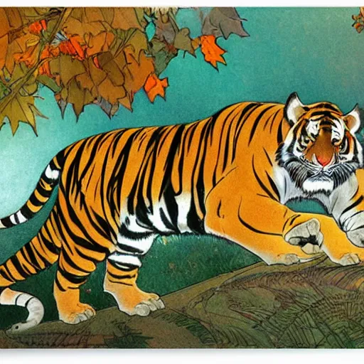 Prompt: a highly detailed cartoon tiger is flapping a leaf fan, sweating, autumn leaves on the ground, concise lines, ultradetailed environment, sharp focus, cinematic lighting, by alphonse maria mucha and kim jung gi