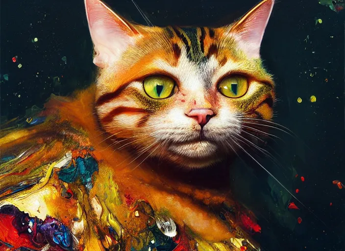 Prompt: wide shot portrait of beautiful cat by irakli nadar with intricate detailed color smashing fluid oil paint and acrylic, heterochromia, melting wax, mycelia, abstract impressionism, ruan jia, fantasy, hyper detailed, concept art, by gustav klimt,