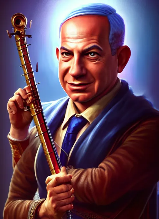 Image similar to A striking epic hyper real comic book style portait painting of Benjamin Netanyahu as a bard, D&D Concept Art, unreal 5, DAZ, Apex legends concept art, hyperrealistic, octane render, cosplay, RPG portrait, dynamic lighting