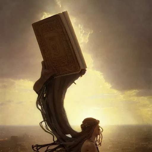 Image similar to half portait of medusa wearing a closed cowl and big old book! chained to the wrist, jeremy mann, jean - leon gerome, tiepolo, alphonse mucha, greg rutkowski, face in the shadows, ( ( ruins of ancient rome ) ), at dusk, mysterious atmosphere, sunrays, dof, high detailed, 8 k