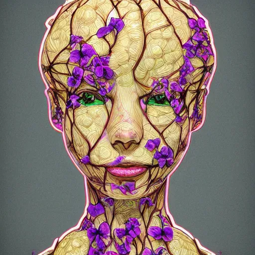 Image similar to the head of an incredibly elegant and pretty girl partially made of potatoes and violets, an ultrafine detailed illustration by james jean, final fantasy, intricate linework, bright colors, behance contest winner, vanitas, angular, altermodern, unreal engine 5 highly rendered, global illumination, radiant light, detailed and intricate environment