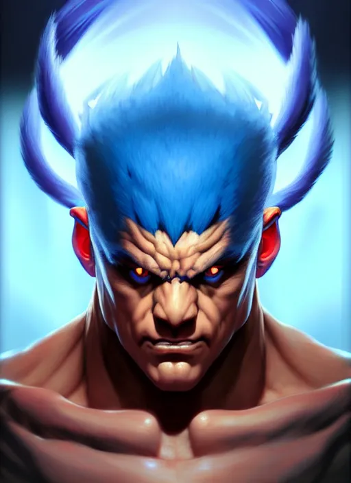 Image similar to symmetry!! portrait of blue akuma, street fighter, global illumination!! intricate, elegant, highly detailed, digital painting, artstation, concept art, smooth, sharp focus, illustration, art by artgerm and greg rutkowski and alphonse mucha