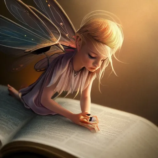 Image similar to you can see a big old open book in close - up. above the book floats a small sweet fairy, digital painting, fantasy art, ultra realistic, 4 k