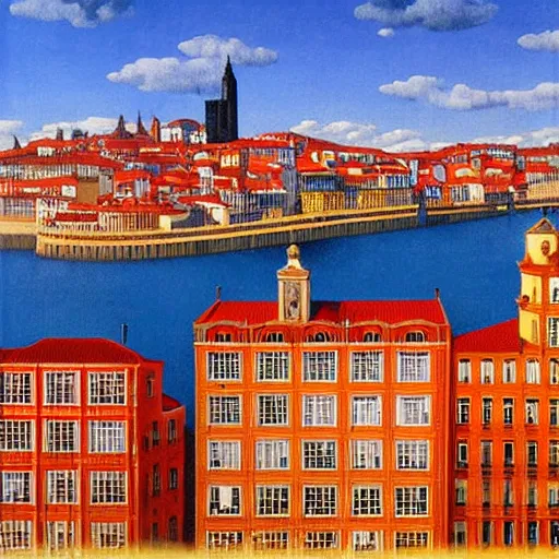 Image similar to Porto skyline, painting by rene magritte, high detail, high resolution