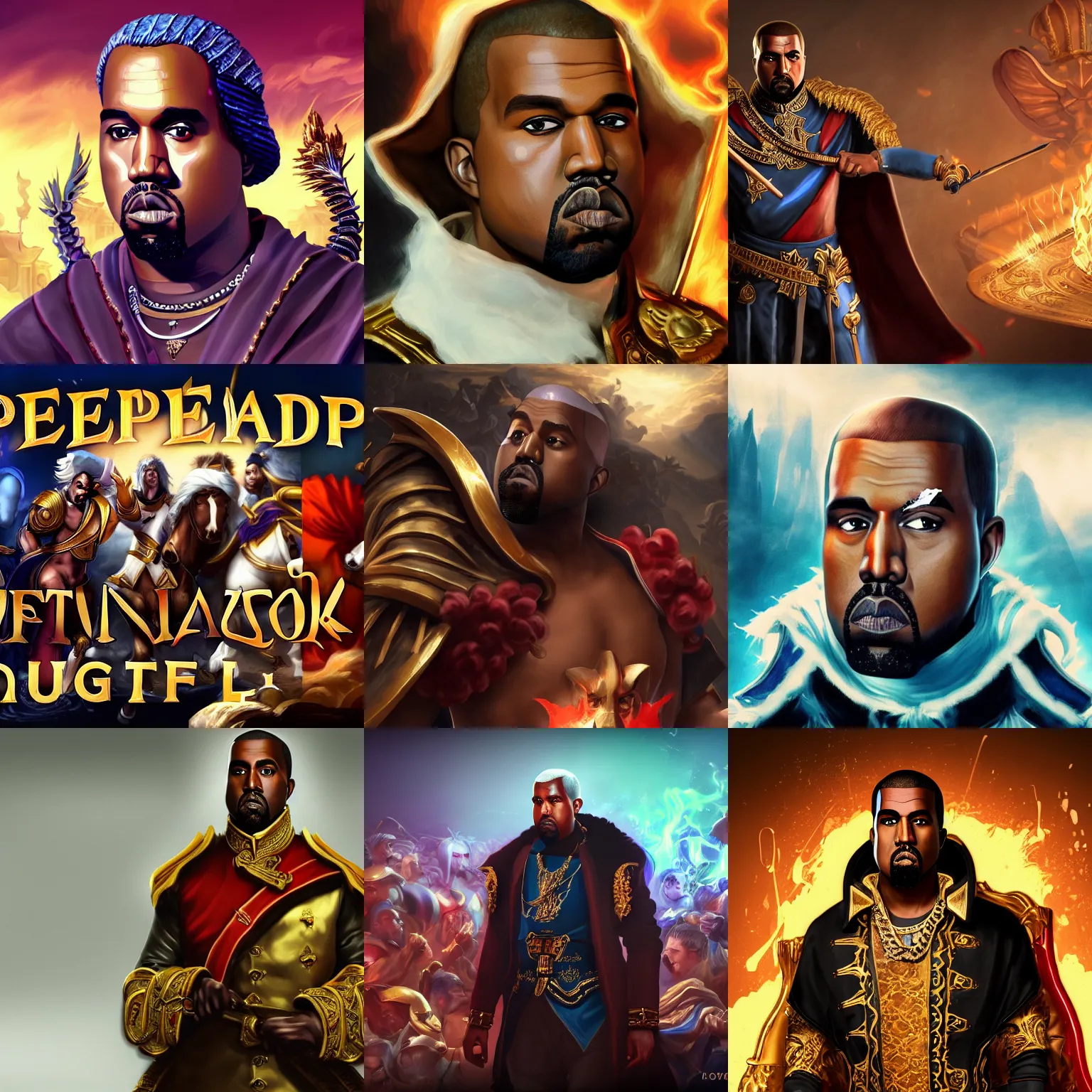 Image similar to Kanye West as emperor napoleon, League of Legends amazing splashscreen artwork, splash art, hd wallpaper, ultra high details, artstation