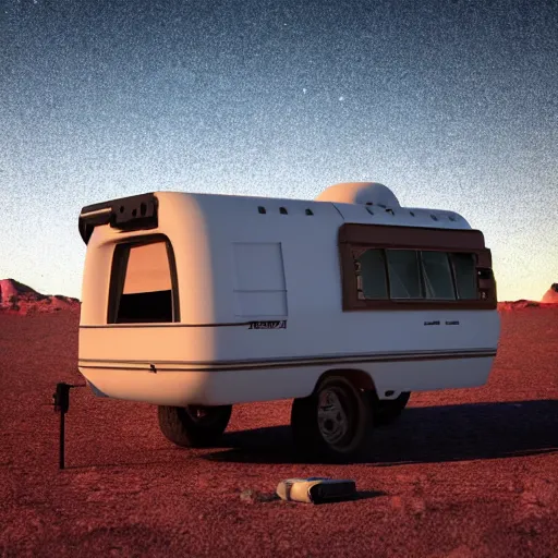 Image similar to a lone retro scifi RV with radio equipment is parked on a desert planet, side-view, redshift render, octane render, unreal engine, but as high contrast photography