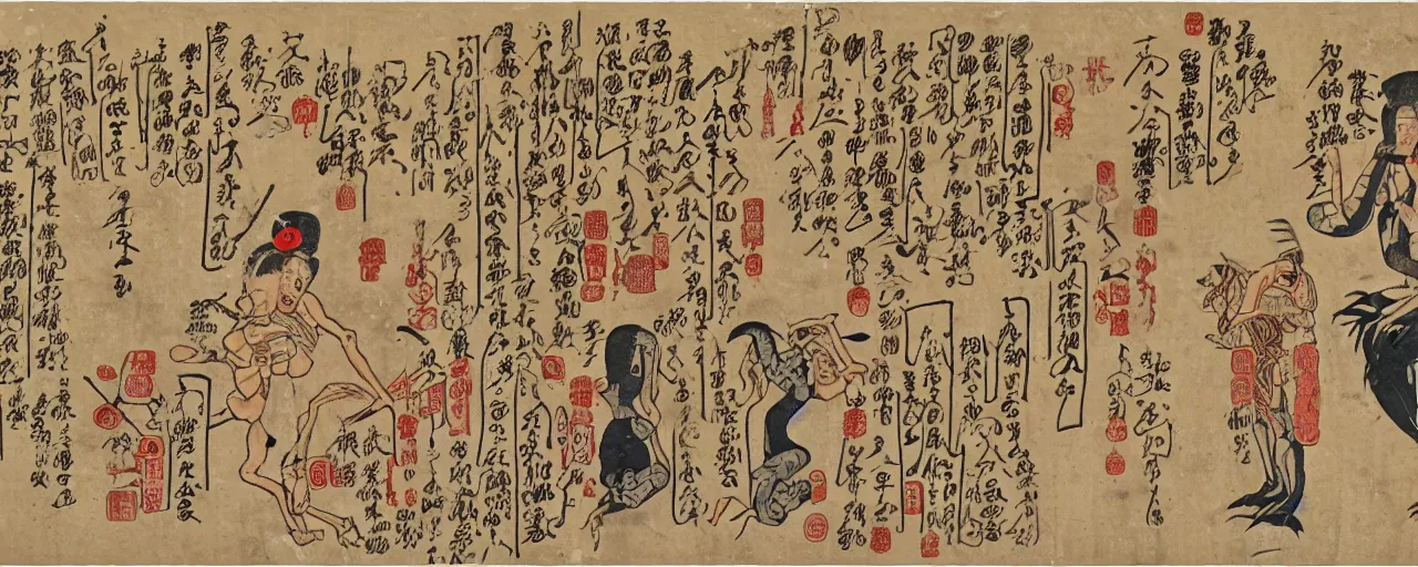 Image similar to an ancient papyrus depicting a japanese yokai's anatomy and information, ukiyo - e style