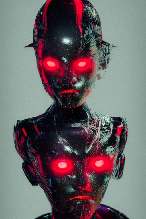 Image similar to cyber geisha by Ash Thorp and Andrei Riabovitchev, red green LED lights, extremely beautiful and proportionate face, sharp focus, hyper detailed, octane render, biomechanical