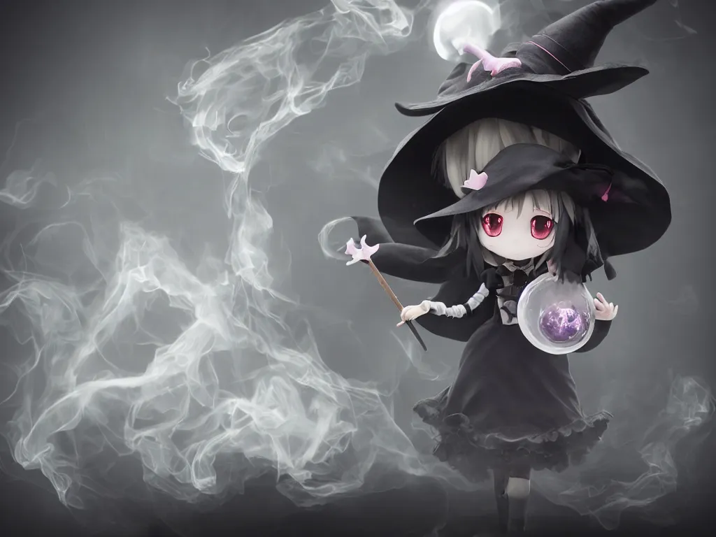 Prompt: cute fumo plush girl witch stirring a cauldron swirling with strange energy, casting a powerful spell, black and white eldritch gothic horror, smoke and volumetric fog, witch girl, soothsayer, lens flare glow, chibi anime, vray