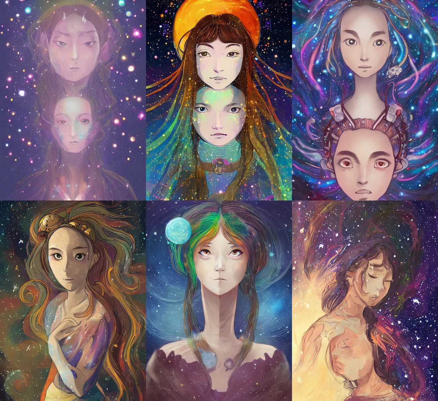 Prompt: the begining of time, portrait of a beatiful woman, dressed in stars and planets, extreme hyper detail , in the style of studio ghibli, dramatic, fantasy lighting