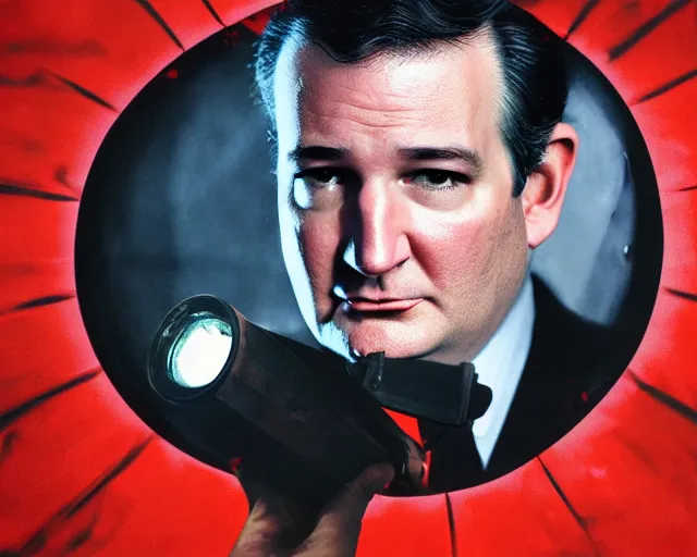 Image similar to bloody ted cruz holding knife with searchlight overhead, film reel, technicolour film