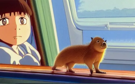 Image similar to a young girl and her pet capybara sitting in a train, art by hayao miyazaki, studio ghibli film, hi res, 4k, high detail