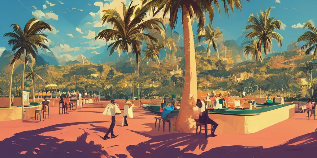 Image similar to casino on top of a hill with palmtrees, game background median photoshop filter cutout vector behance hd by jesper ejsing, by rhads, makoto shinkai and lois van baarle, ilya kuvshinov, rossdraws, illustration, art by ilya kuvshinov and gustav klimt