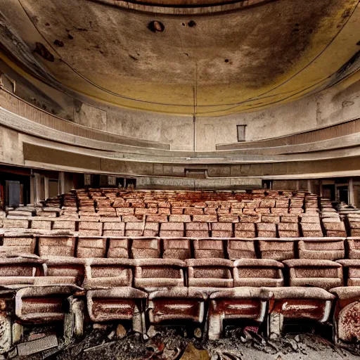 Prompt: a picture of a large abandoned theatre, it is a ruin, 50 mm, beautiful photograph