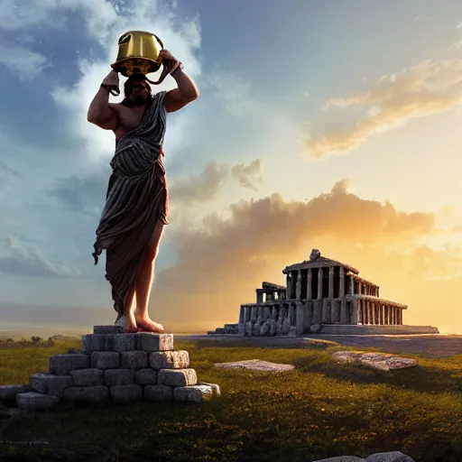 Prompt: tiny greek goddess in steel helmet standing on a giant greek bearded male head of Zeus, greek temple of olympus glory island, late afternoon light, wispy clouds in a blue sky, by frank lloyd wright and greg rutkowski and ruan jia