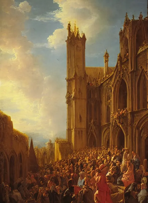 Image similar to lisabeth louise vigee - le brun large crowd of medieval monks gathered at giant gothic ruins cathedral and raising a magical glowing spirit, old master painting with stunning lighting and details photoreal dusk sun lit light