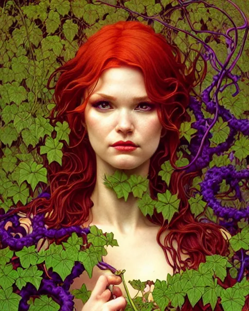 Prompt: closeup portrait the platonic ideal of flowers and vines, poison ivy, beautiful succubus, intricate, hyperrealism, intense, dmt, artgerm, moebius, greg rutkowski, maxfield parrish, dan mumford, moebius, alphonse mucha