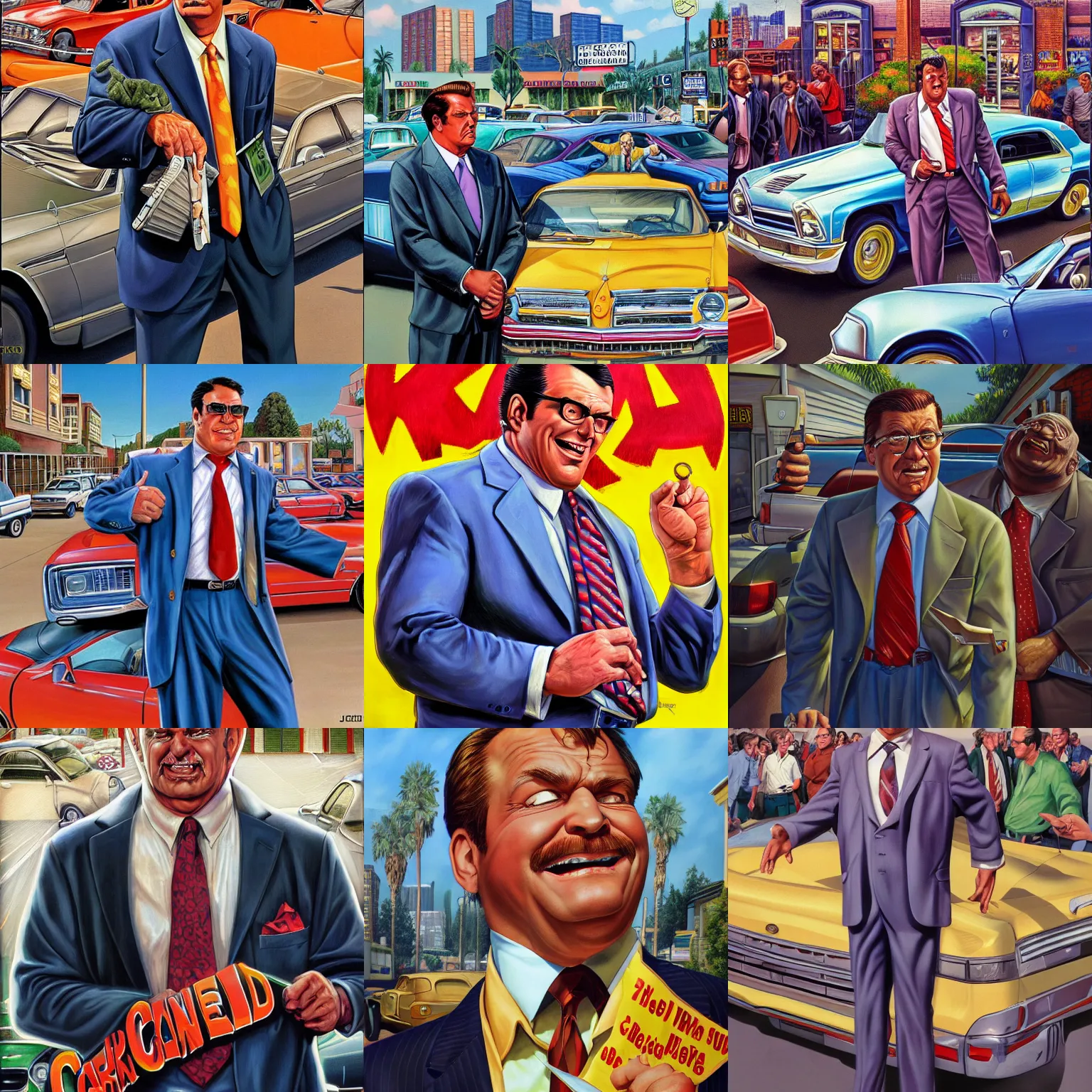 Used car salesman by Joe Jusko, rendered in Stable Diffusion OpenArt