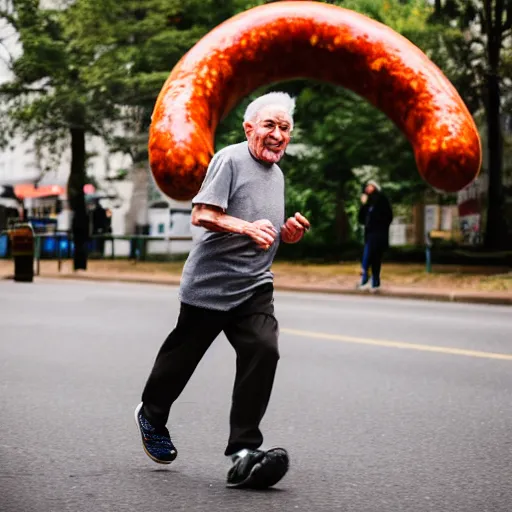 Image similar to An elderly man running from a giant humanoid sausage, Canon EOS R3, f/1.4, ISO 200, 1/160s, 8K, RAW, unedited, symmetrical balance, in-frame