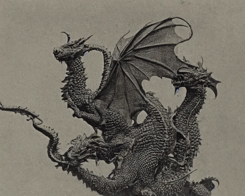 Prompt: A vintage photograph of a real dragon