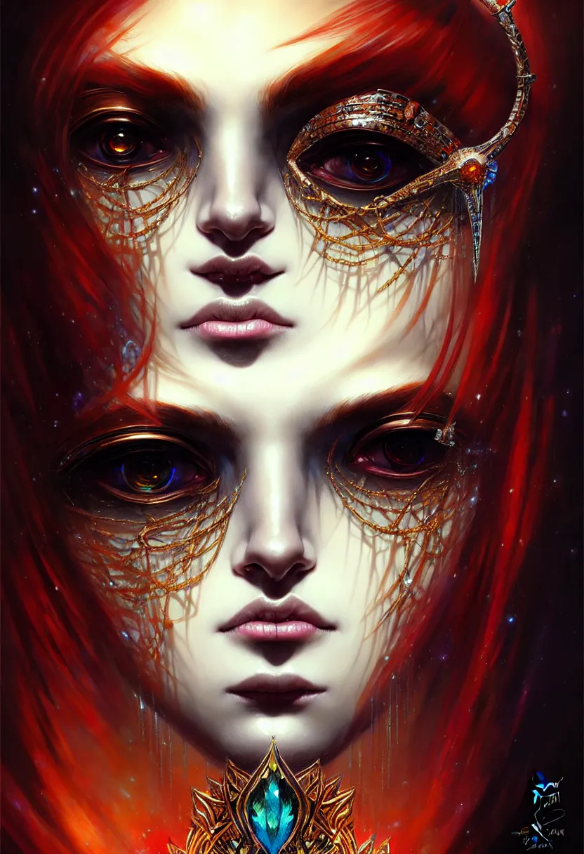 Image similar to A portrait of a jewels-crowned sorceress with vertically slit cornea eyes, by Karol Bak and Jia Ruan, artstation, very detailed, fantasy art, rpg